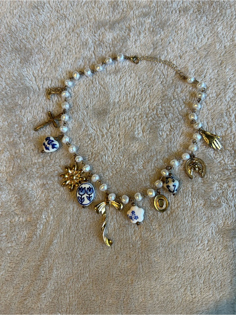 Pearl Charm Necklace with Blue Porcelain Accents - Gold Tone